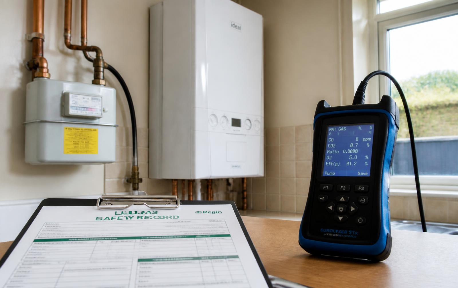 Gas meter, boiler and gas safety record with a flue gas analyser during a landlord gas safety check
